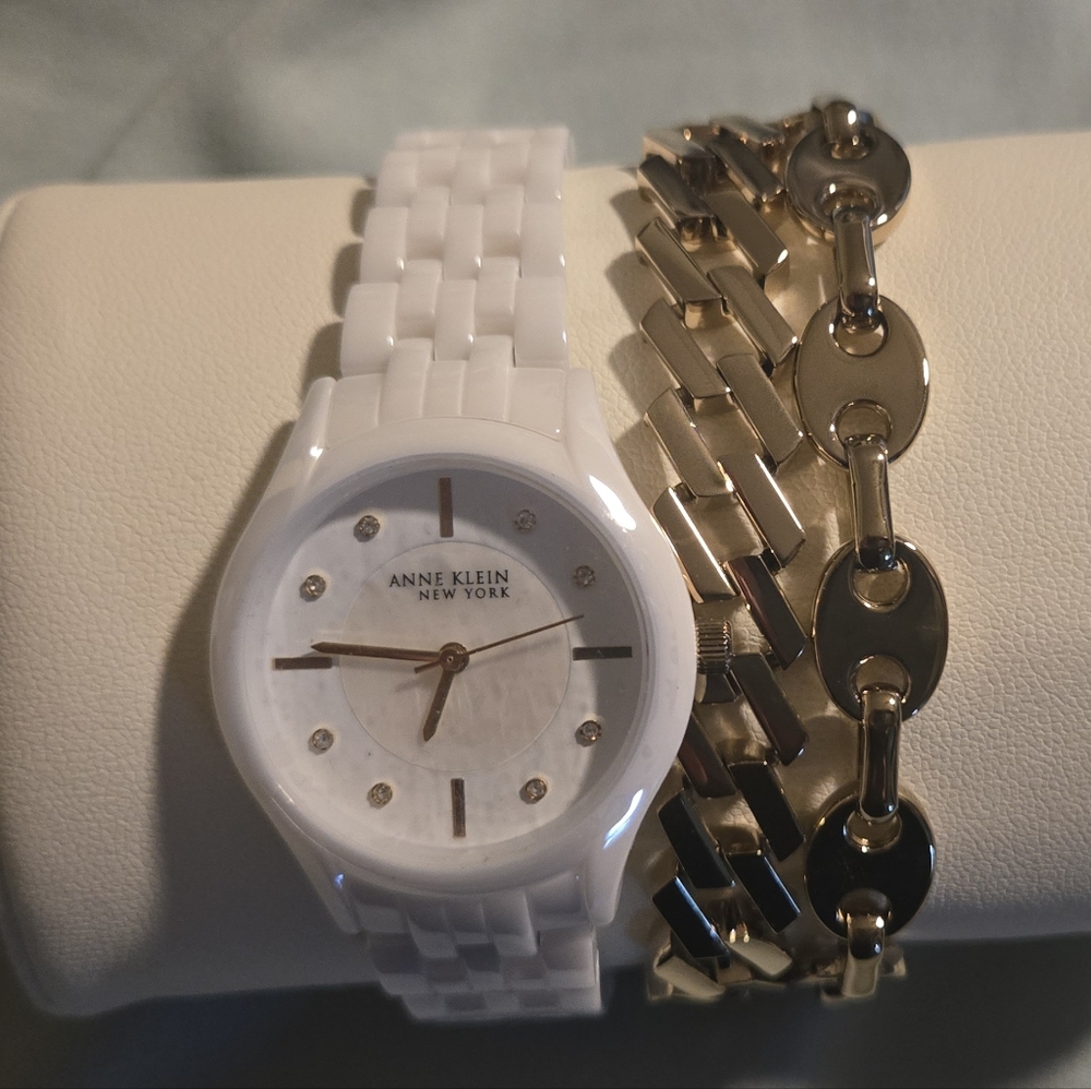 NWT Anne Klein White Watch with Mother of Pearl Face and Gold Bracelet Set